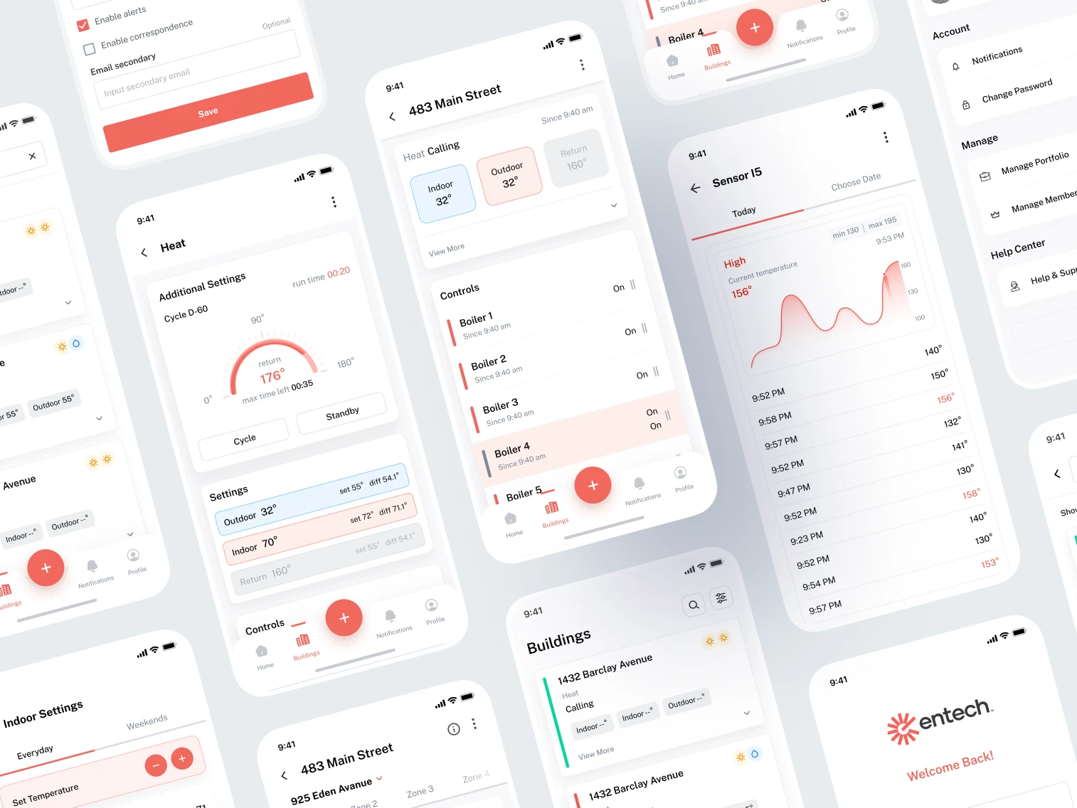 A collage of the app's screens: notification settings, a unit's heat detail, a sensor history graph, the buildings list, boiler controls, an account menu and the sign-in splash.