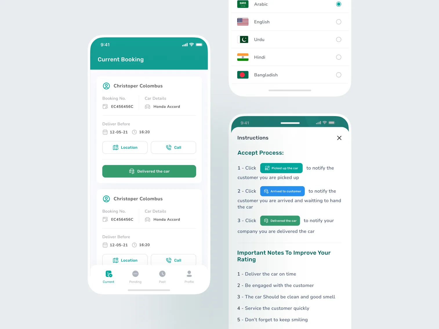 Driver app screens: a current booking list, a language picker, and an instructions sheet describing the three steps of a delivery.
